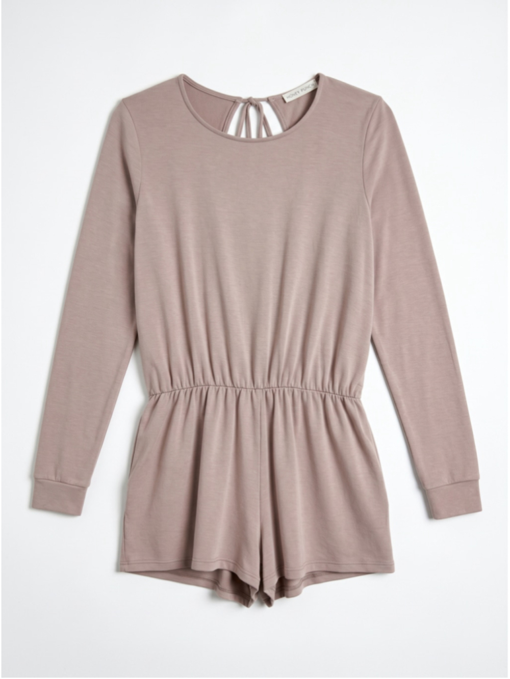 HONEY PUNCH Taupe Long Sleeve Romper Open Back Tie, Sz S